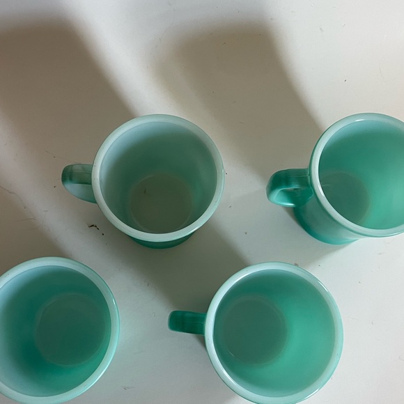 Fire-King Vintage Teal White Milk Glass Interior Set of 4 D Handle